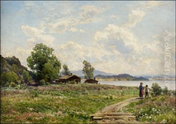 Aurinkoinen Kesaaamupaiva/aihe Hameesta Oil Painting by Magnus Hjalmar Munsterhjelm