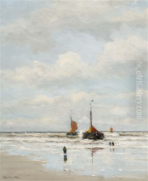 Bomschuiten' In The Surf Oil Painting by Gerhard Arij Ludwig Morgenstjerne Munthe