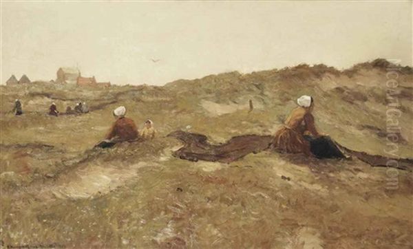 Mending The Nets, Katwijk Aan Zee Oil Painting by Gerhard Arij Ludwig Morgenstjerne Munthe