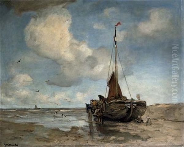 A Bomschuit On The Beach Oil Painting by Gerhard Arij Ludwig Morgenstjerne Munthe