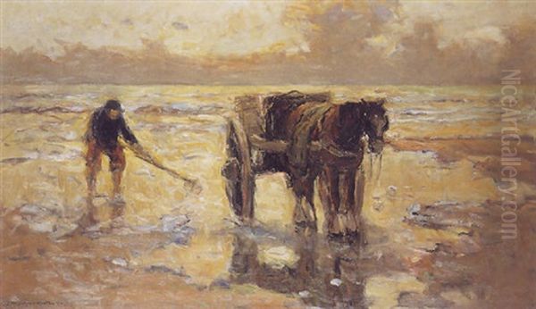 A Shellfisher On The Beach Oil Painting by Gerhard Arij Ludwig Morgenstje Munthe