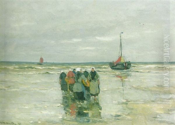 Fisherwomen Waiting For The Arrival Of The Fleet Oil Painting by Gerhard Arij Ludwig Morgenstjerne Munthe