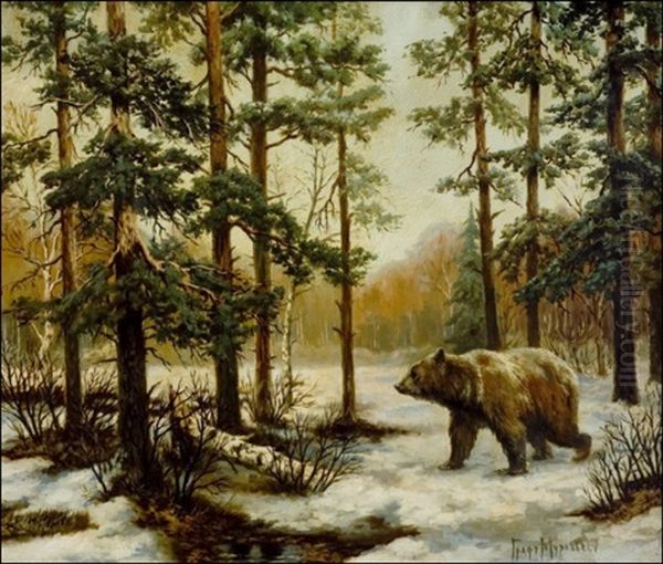 Karhu Metsamaisemassa - En Bjorn I Skogslandskap Oil Painting by Vladimir Leodinovitch (Comte de) Muravioff
