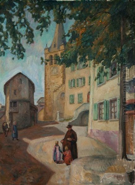 Place De Lens Avec M. Le Cure Oil Painting by Albert Muret
