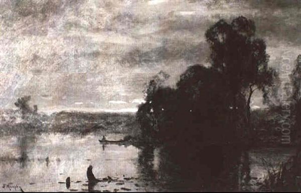 Boater On A Lake, Dusk Oil Painting by John Francis Murphy