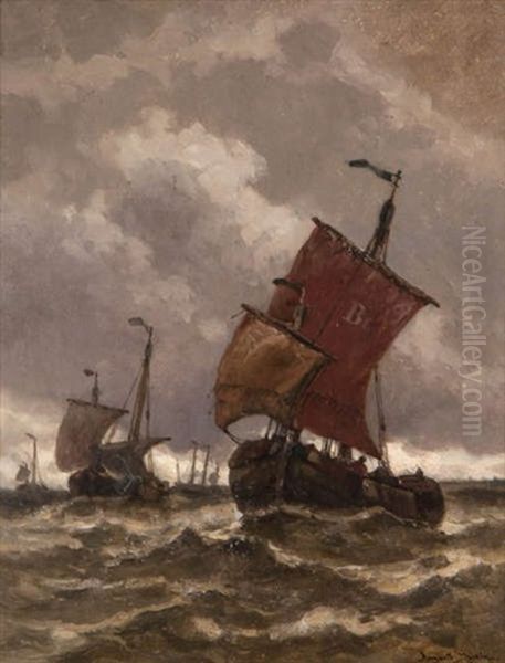 Vissersboten Op Volle Zee Bij Grijze Hemel Oil Painting by Auguste Henri Musin