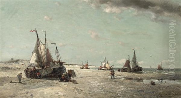 Plage De La Panne Belgique - Activities On The Beach Oil Painting by Francois-Etienne Musin