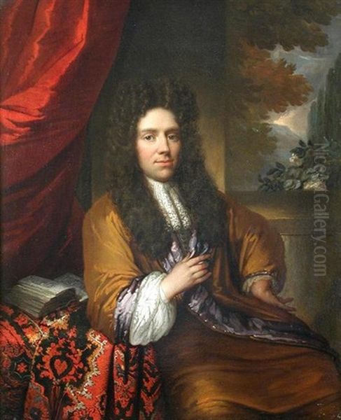 Portrait Of A Gentleman In A Brown And Purple Cloak Oil Painting by Michiel van Musscher