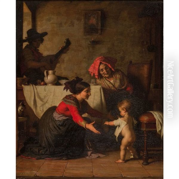 Les Premiers Pas Oil Painting by Alfred van (Jacques) Muyden