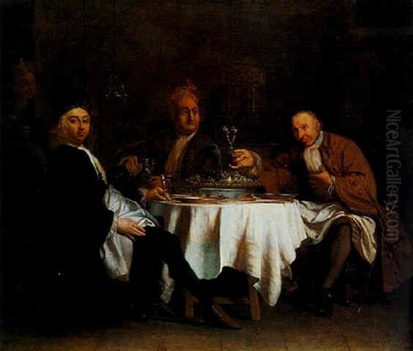 Three Gentlemen Seated At A Table About To Dine Oil Painting by Herman van der Myn