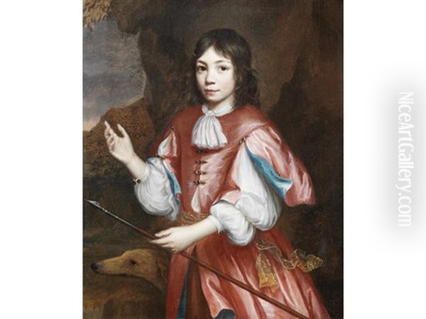 Portrait Of A Boy, Three-quarter-length, Standing Beside A Rock, His Hand Resting On The Hilt Of His Sword (+ And Portrait Of A Boy, Three-quarter-length, In Red Costume Holding A Spear, A Hound At His Side; Pair) Oil Painting by Martin (Martinus I) Mytens