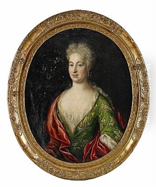 Portratt Av Elisabeth Grill, Fodd Faltz, Ikladd Gron Brokadklanning Med Brodyr Och Rod Drapering Oil Painting by Martin (Martinus I) Mytens