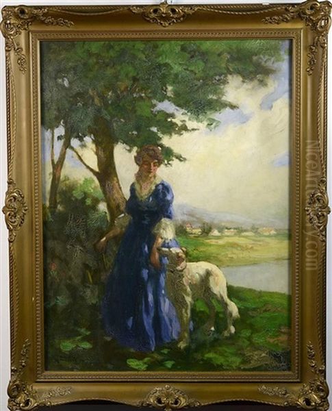 Dama S Chrtem Oil Painting by Vilmos Nagy