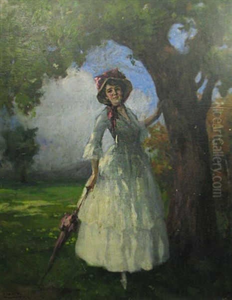 Lady With Umbrella Oil Painting by Vilmos Nagy