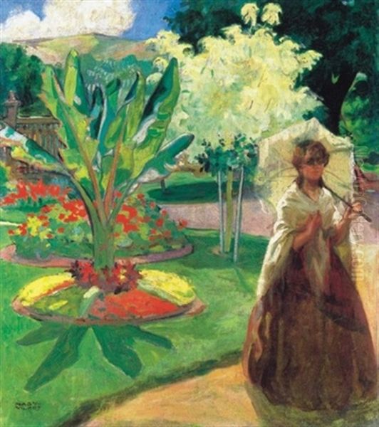 Napernyos Holgy Parkban (lady With Parasol In The Park) Oil Painting by Vilmos Nagy