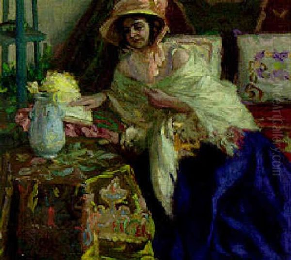 A Lady Reading In An Interior Oil Painting by Vilmos Nagy