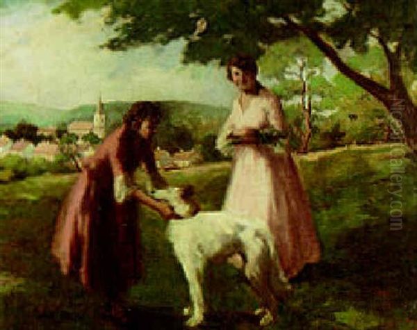 Ladies With A Greyhound In A Landscape Oil Painting by Vilmos Nagy