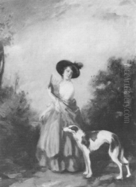 An Elegant Lady With A Greyhound In A Landscape Oil Painting by Vilmos Nagy