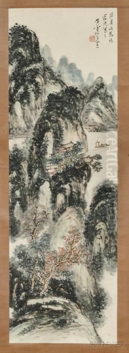 Depicting A Landscape With A Boat Oil Painting by Huang Binhong
