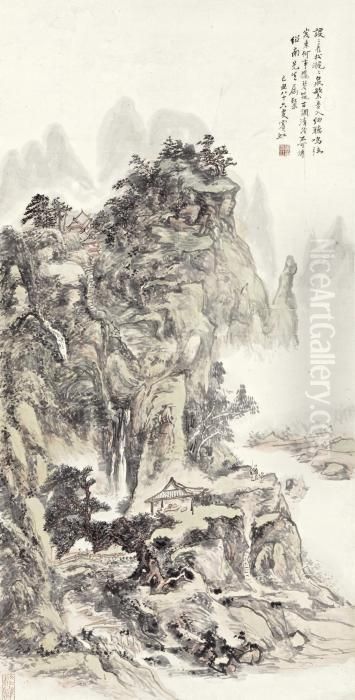 Listening To Music In The Pine Forest Oil Painting by Huang Binhong