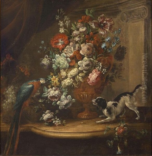 Roses, Tulips, Narcissi And Other Flowers In A Bronze Urn Along With A Spaniel And A Parrot Oil Painting by Giacomo Nani