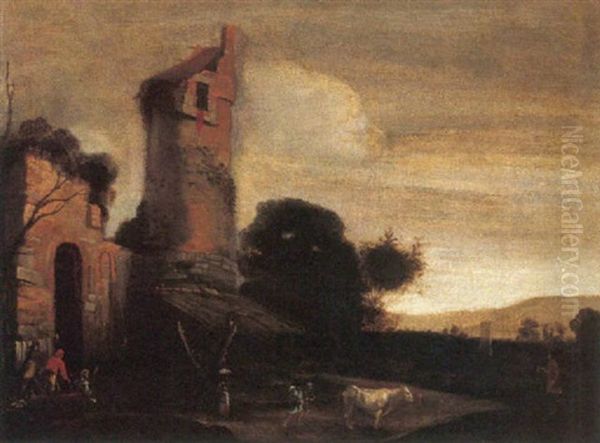 Paesaggio Con Torre Oil Painting by Filippo Napoletano