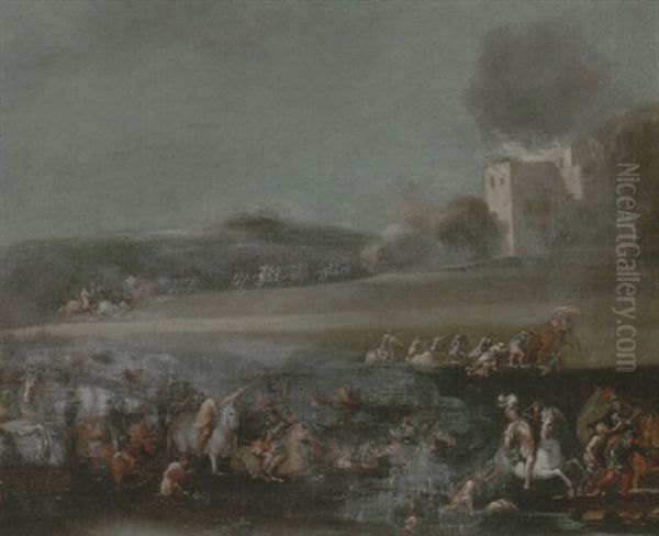A Troop Of Cavalry Fording A River, A Besieged Town Beyond Oil Painting by Filippo Napoletano