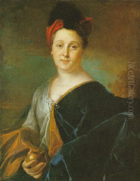 Portrait De Femme Tenant Une Grenade Sur Fond De Paysage Oil Painting by Marc L'Ancien Nattier