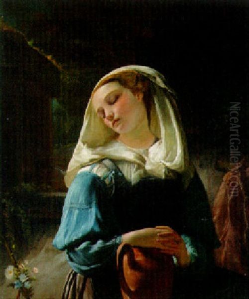 Le Signal D'amour, Jeune Fille A La Fontaine Oil Painting by Francois-Joseph Navez