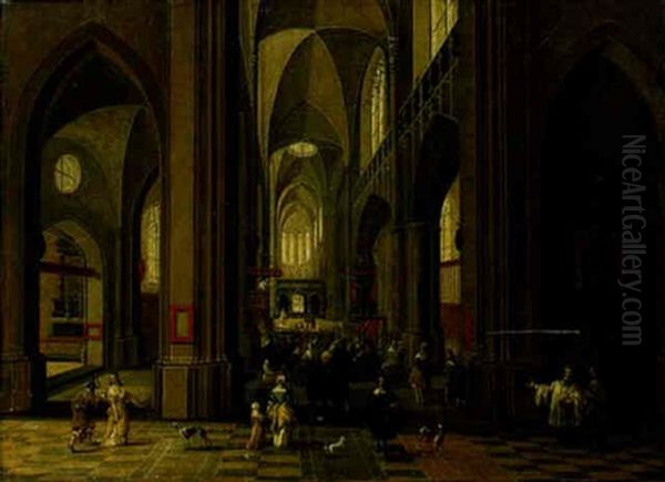 The Interior Of Antwerp Cathedral With A Congregation Listening To A Sermon Oil Painting by Peeter Neeffs the Younger