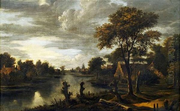 Abendliche Flusslandschaft Bei Mondschein Oil Painting by Aert van der Neer