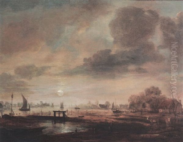 Moonlit River Landscape With Sailing Boats And Fishing Nets Oil Painting by Aert van der Neer