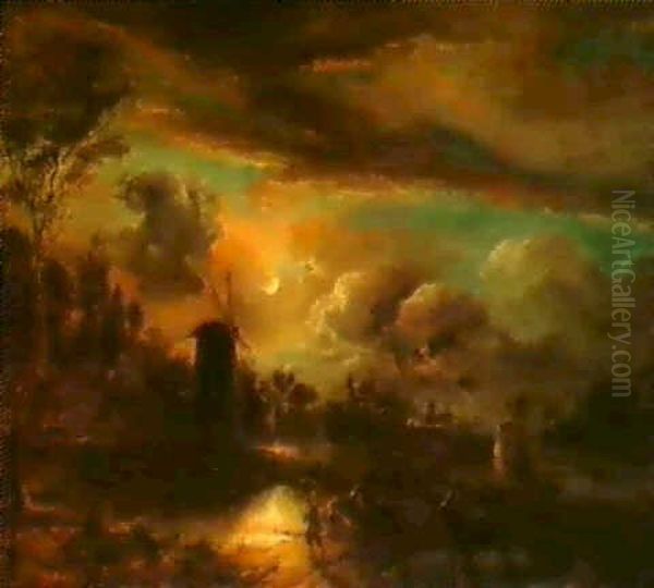 A River Scene By Moonlight. Oil Painting by Aert van der Neer
