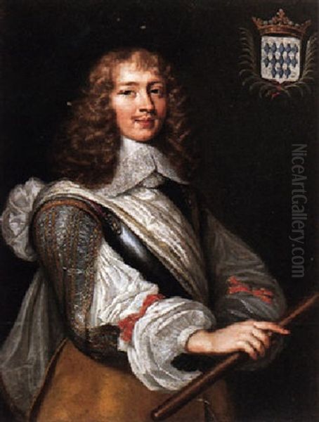 Portrait Of A Gentleman, Wearing A Breastplate And Doublet, Holding A Baton, Charged With The Sitter's Coats Of Arms Oil Painting by Eglon van der Neer