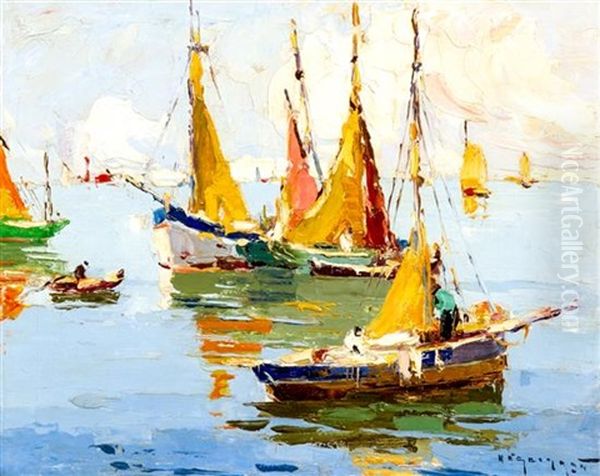 Harbor Scene Oil Painting by Rudolph Negely