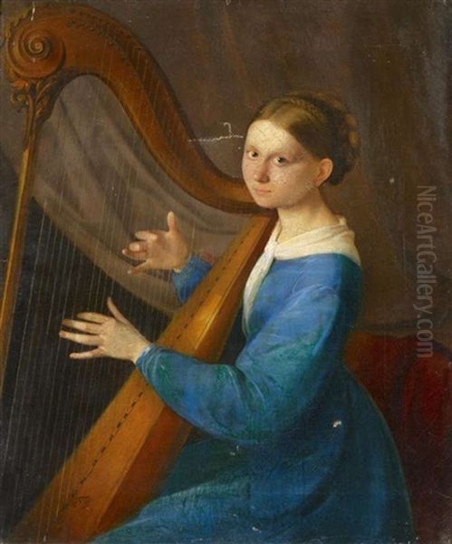Portrat Einer Jungen Dame Mit Harfe Oil Painting by Timoleon Carl von Nehf