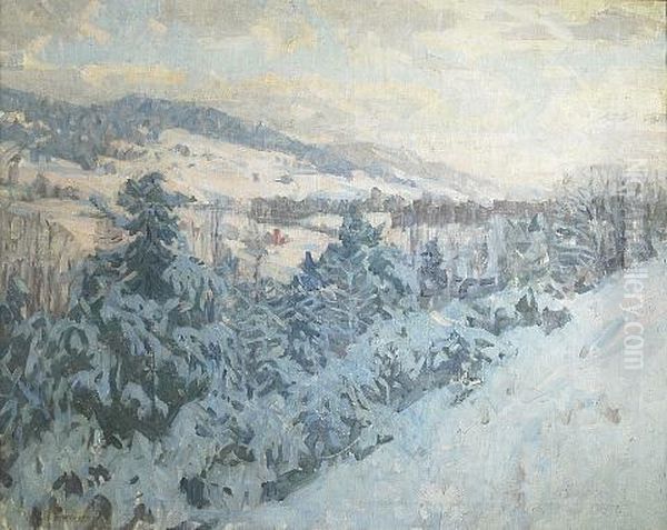 Winter Scene With Distant Farmhouses Oil Painting by Bruce Nelson