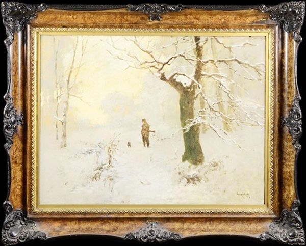 Hunter In Snow-covered Landscape Oil Painting by Antal (Laszlo) Neogrady