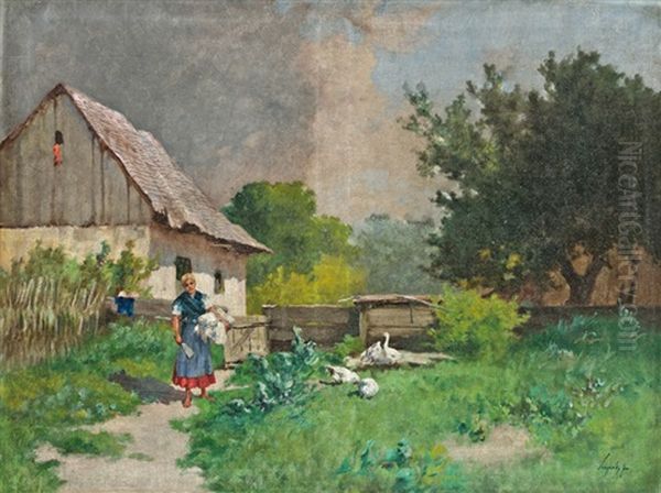 Libapasztorlany Oil Painting by Antal (Laszlo) Neogrady