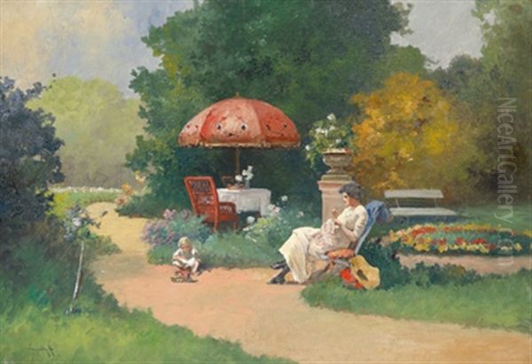 Der Rote Sonnenschirm Oil Painting by Antal (Laszlo) Neogrady