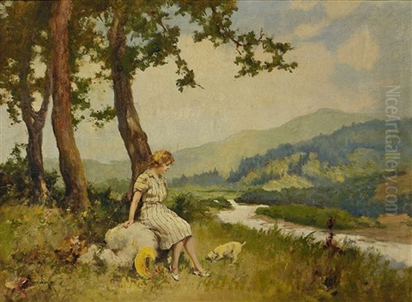 Junge Frau Mit Ihrem Hund Bei Der Rast Oil Painting by Antal (Laszlo) Neogrady