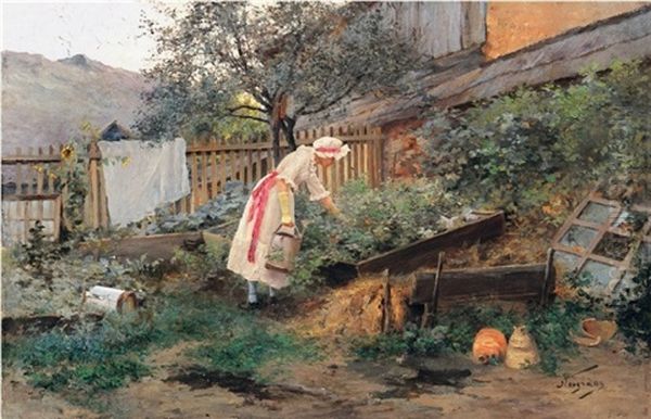 A Kis Kerteszlany (the Little Gardener Girl) Oil Painting by Antal Neogrady