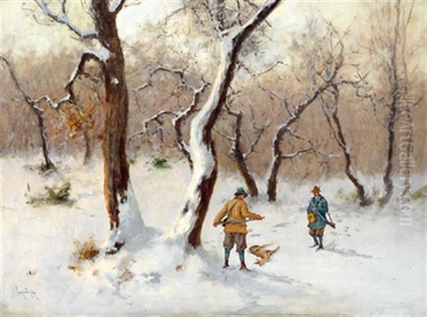 Jager Im Winterwald Oil Painting by Antal (Laszlo) Neogrady