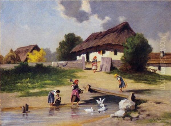 Village Oil Painting by Antal (Laszlo) Neogrady