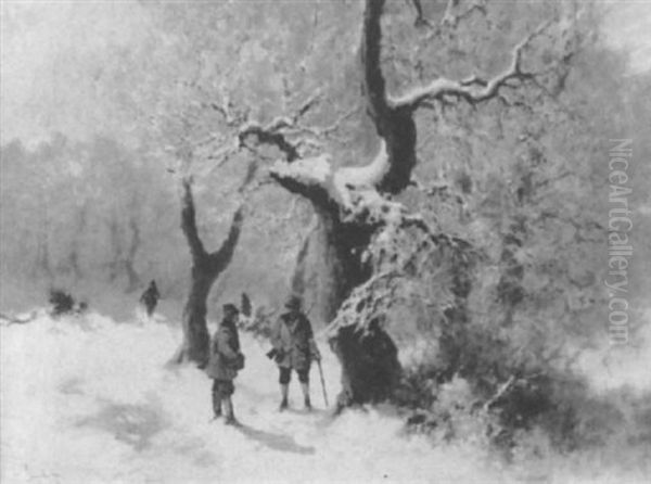 Gruppe Von Vier Jagern Auf Einer Verschneiten Waldlichtung Oil Painting by Antal Neogrady