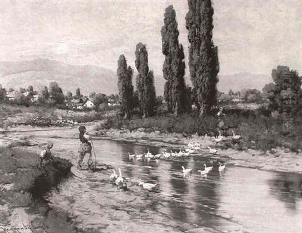 Feeding The Ducks Oil Painting by Antal Neogrady