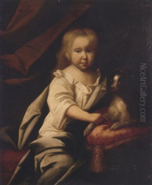 Portrait Of A Child In A White Chemise, With A Dog On A Red Cushion Oil Painting by Caspar Netscher