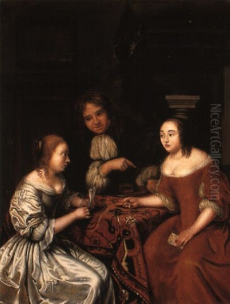 A Gentleman Conversing With Two Ladies At A Table In An Interior Oil Painting by Caspar Netscher