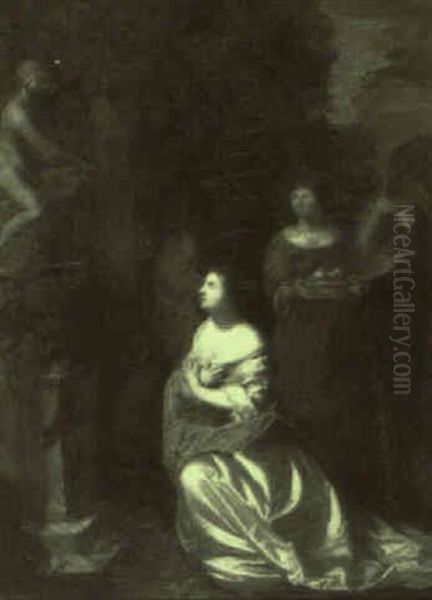 Woman Kneeling Before A Statue Oil Painting by Caspar Netscher