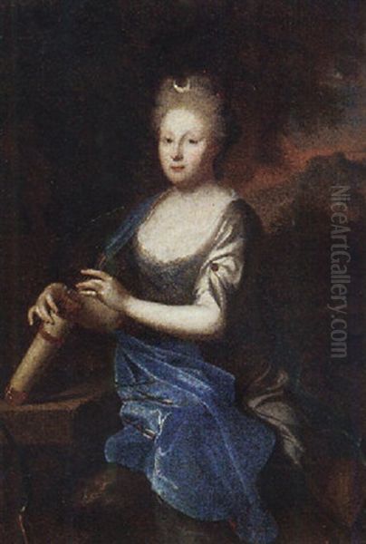 Portrait Of A Lady In A Silver Dress And Blue Mantel, As Diana by Constantyn Netscher